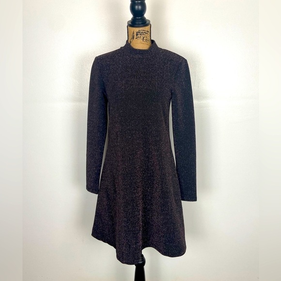 Ichi Midi Dress Size S Mock Glitter Neck Long Sleeve Stretch Fit & Flare Party - Picture 1 of 12